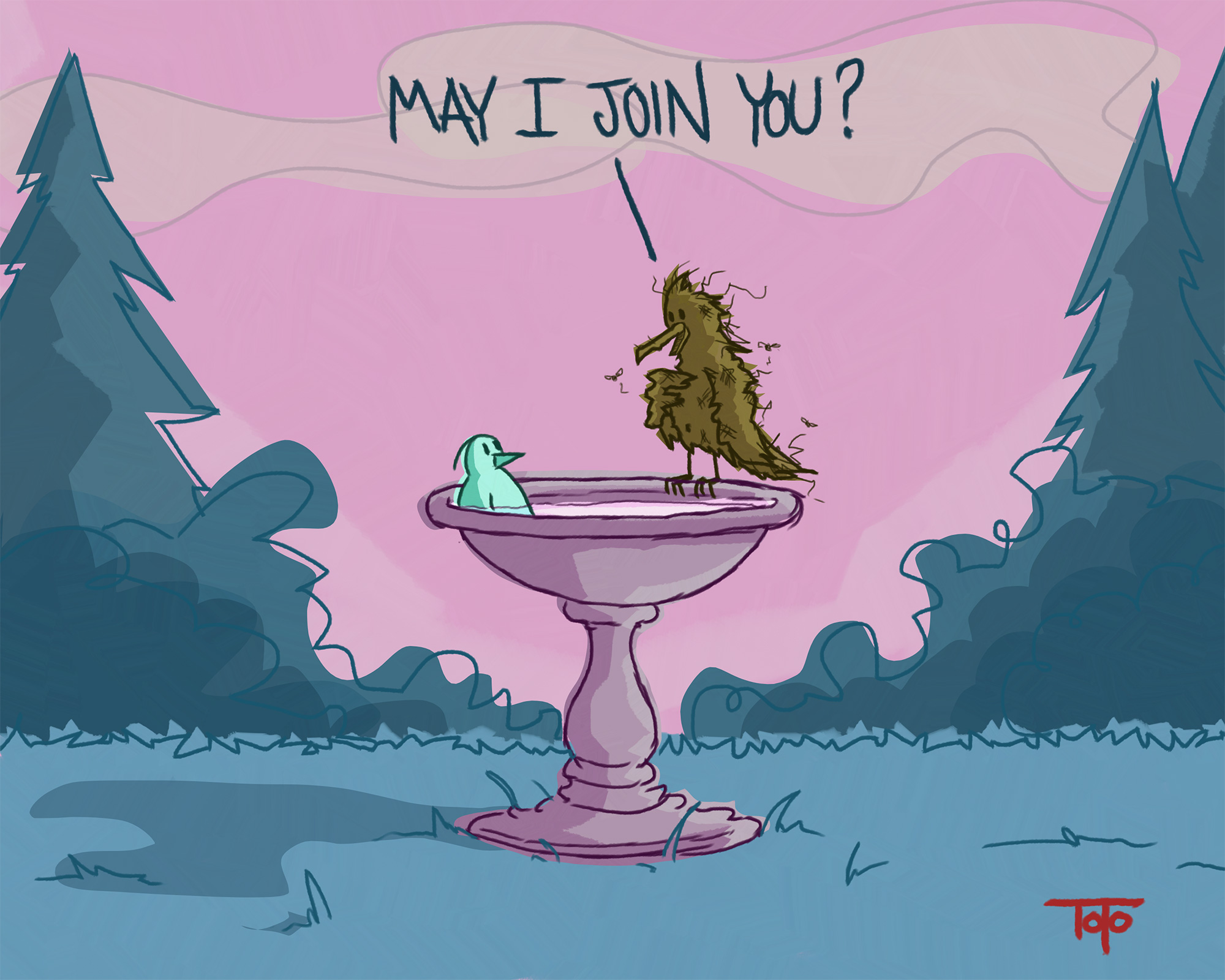 a bird is relaxing in a bird bath and another more disheveled bird arrives on the edge of the birdbath saying "may I join you"?